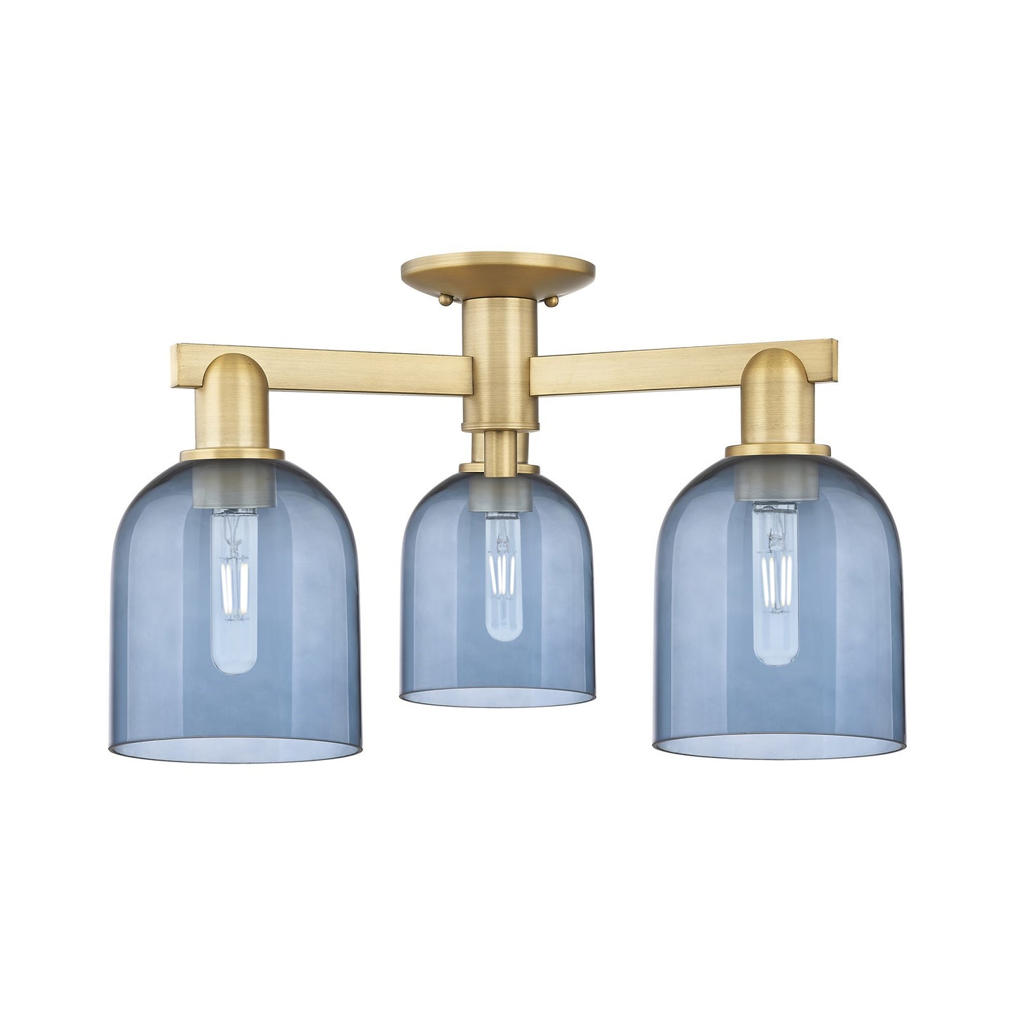 Innovations Bella 23in 3-Light Semi-Flush Mount | Industrial Brushed Brass Steel and Blue Glass | Entryway & Hallway | 23 x 23 | Model 716-3F-BB-G558-6BL