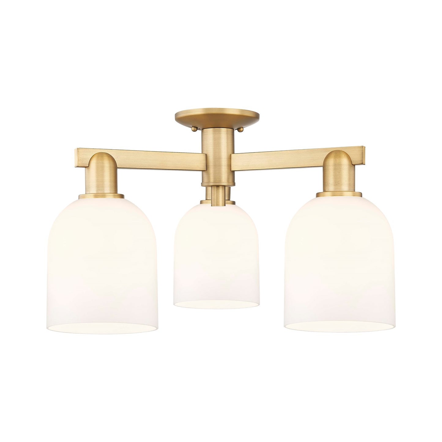 Innovations Bella 23in 3-Light Semi-Flush Mount | Industrial Brushed Brass Steel and White Glass | Kitchen & Hallway | 23 x 23 | Model 716-3F-BB-G558-6GWH