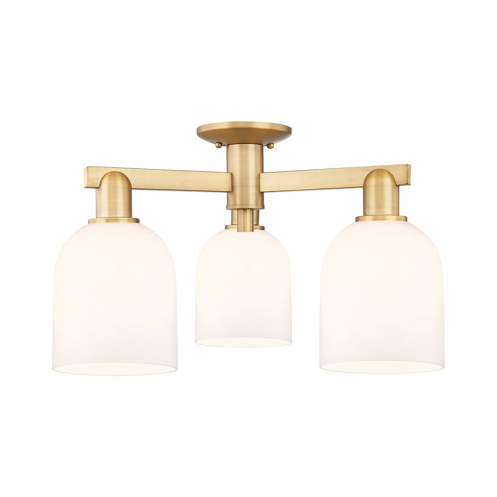 Innovations Bella 23in 3-Light Semi-Flush Mount | Industrial Brushed Brass Steel and White Glass | Kitchen & Hallway | 23 x 23 | Model 716-3F-BB-G558-6GWH