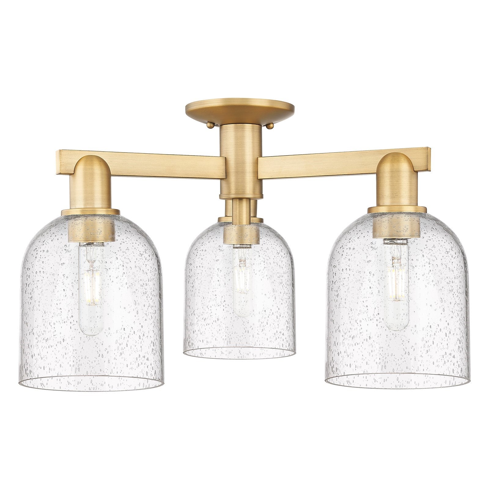 Innovations Bella 23in 3-Light Semi-Flush Mount | Industrial Brushed Brass Steel and Seedy Bell Glass | Entryway & Hallway | Model 716-3F-BB-G558-6SDY