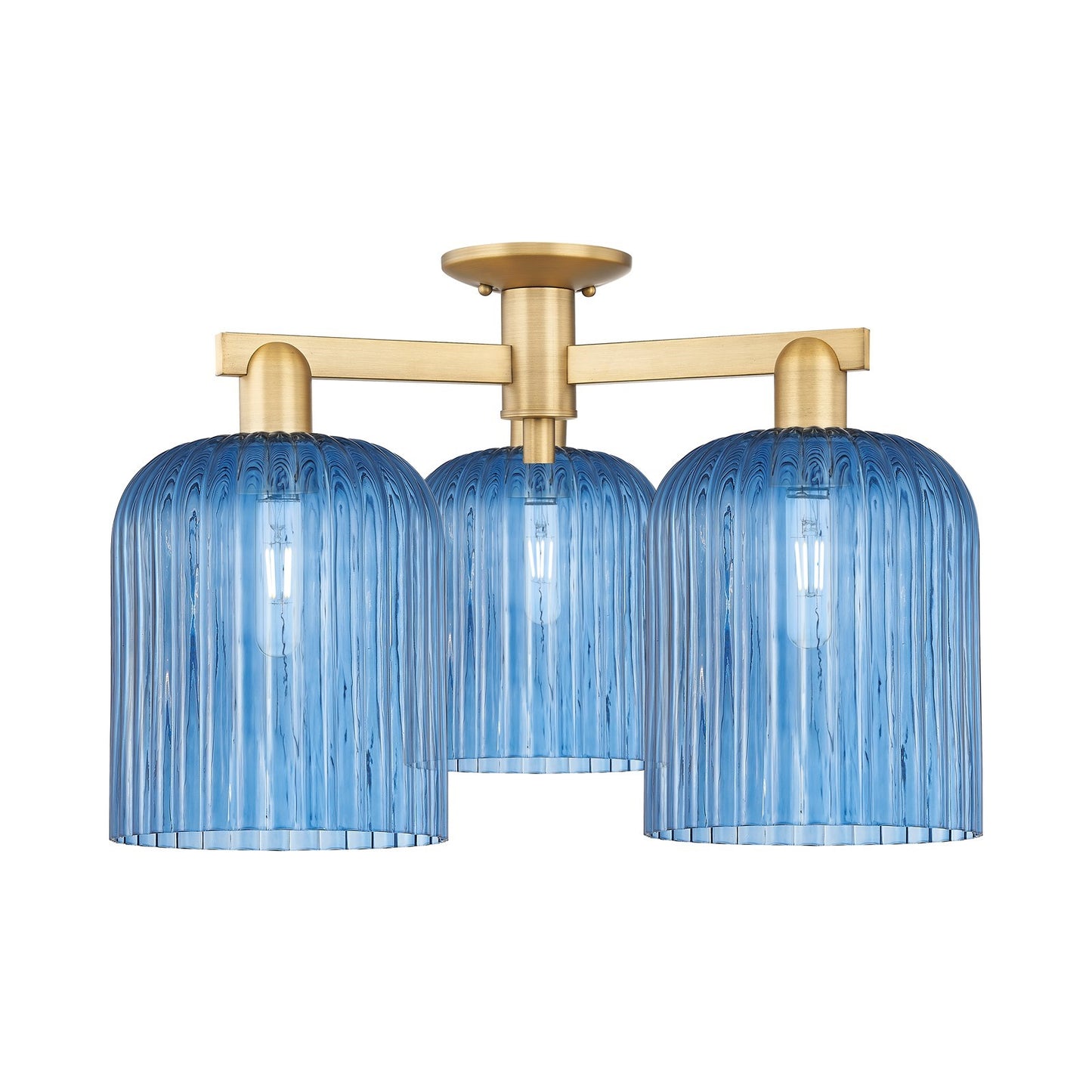 Innovations Bridal Veil 26in 3-Light Semi-Flush Mount | Industrial Brushed Brass and Princess Blue Ribbed Glass | Living Room & | Model 716-3F-BB-G559-8BL