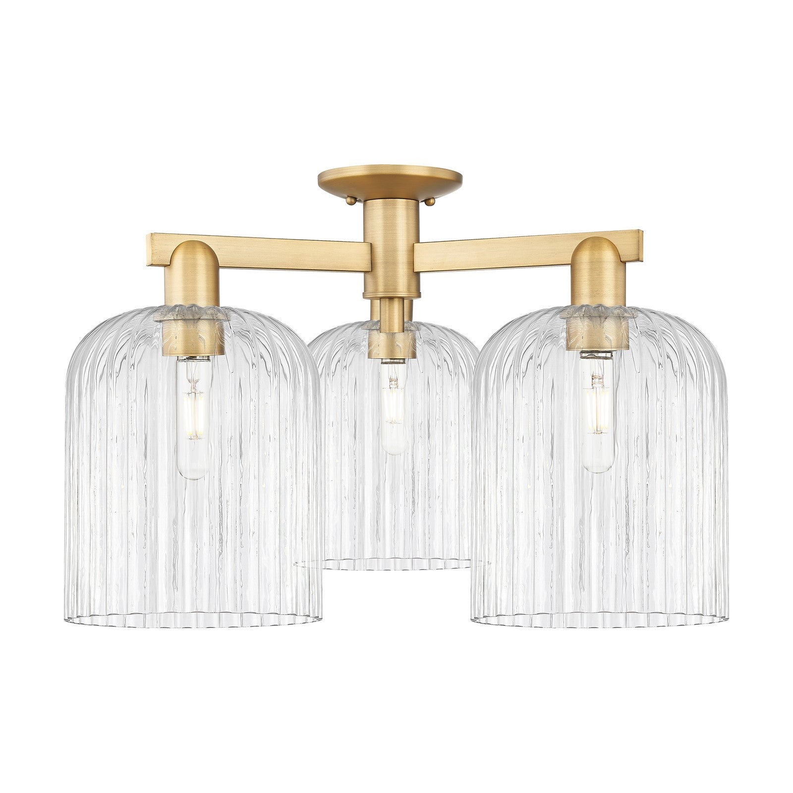 Innovations Bridal Veil 26in 3-Light Semi-Flush Mount | Industrial Brushed Brass Steel and Clear Ribbed Glass | Entryway & | Model 716-3F-BB-G559-8CL