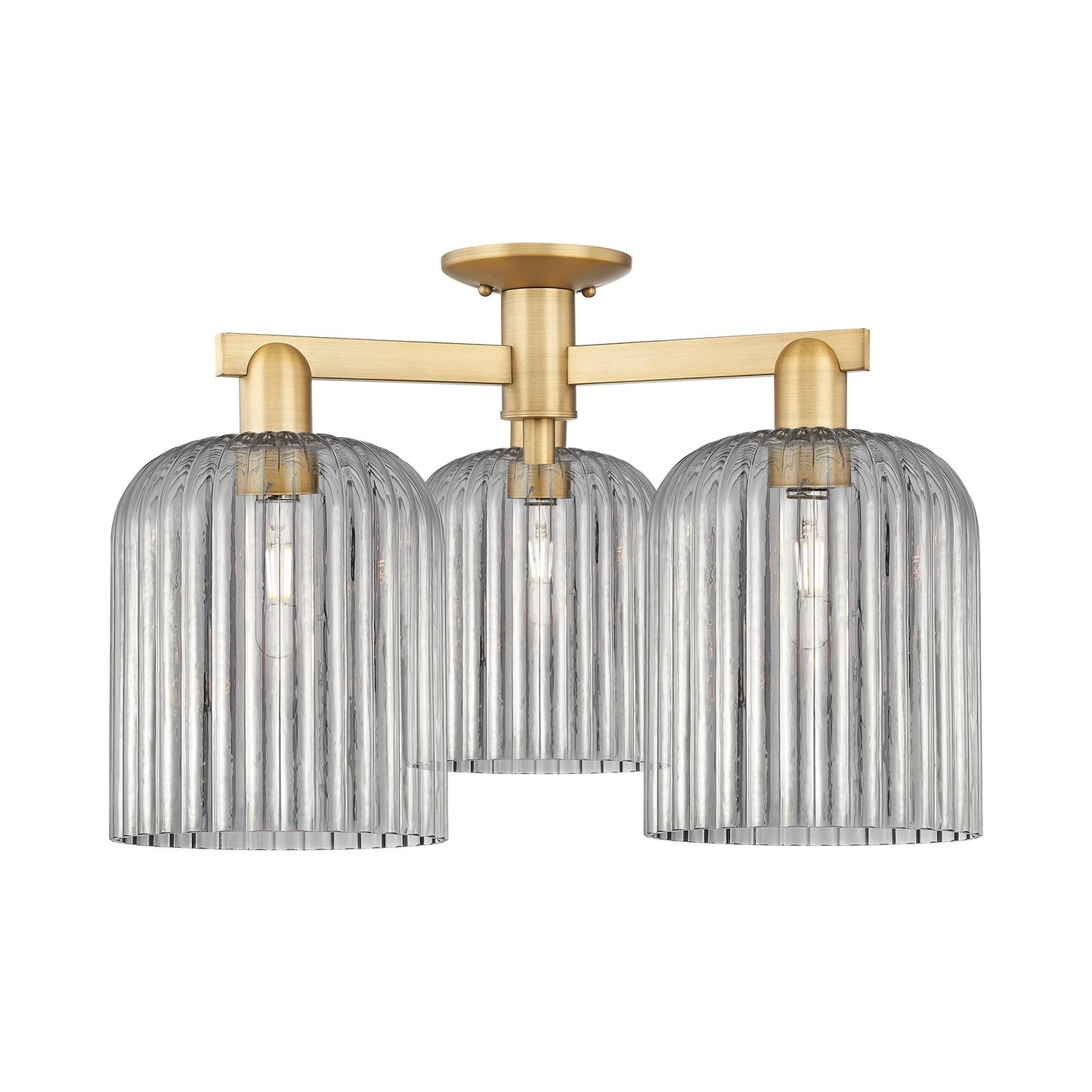 Innovations Bridal Veil 26in 3-Light Semi-Flush Mount | Industrial Brushed Brass and Light Smoke Ribbed Glass | Entryway & | Model 716-3F-BB-G559-8SM