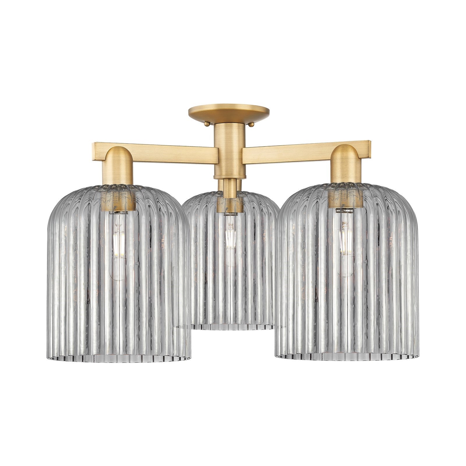 Innovations Bridal Veil 26in 3-Light Semi-Flush Mount | Industrial Brushed Brass and Light Smoke Ribbed Glass | Entryway & | Model 716-3F-BB-G559-8SM