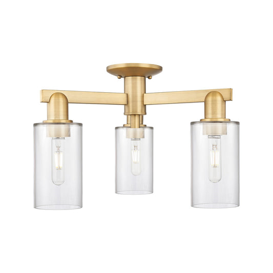 Innovations Clymer 21in 3-Light Semi-Flush Mount | Industrial Brushed Brass Steel and Clear Glass | Entryway & Hallway | Damp | Model 716-3F-BB-G802