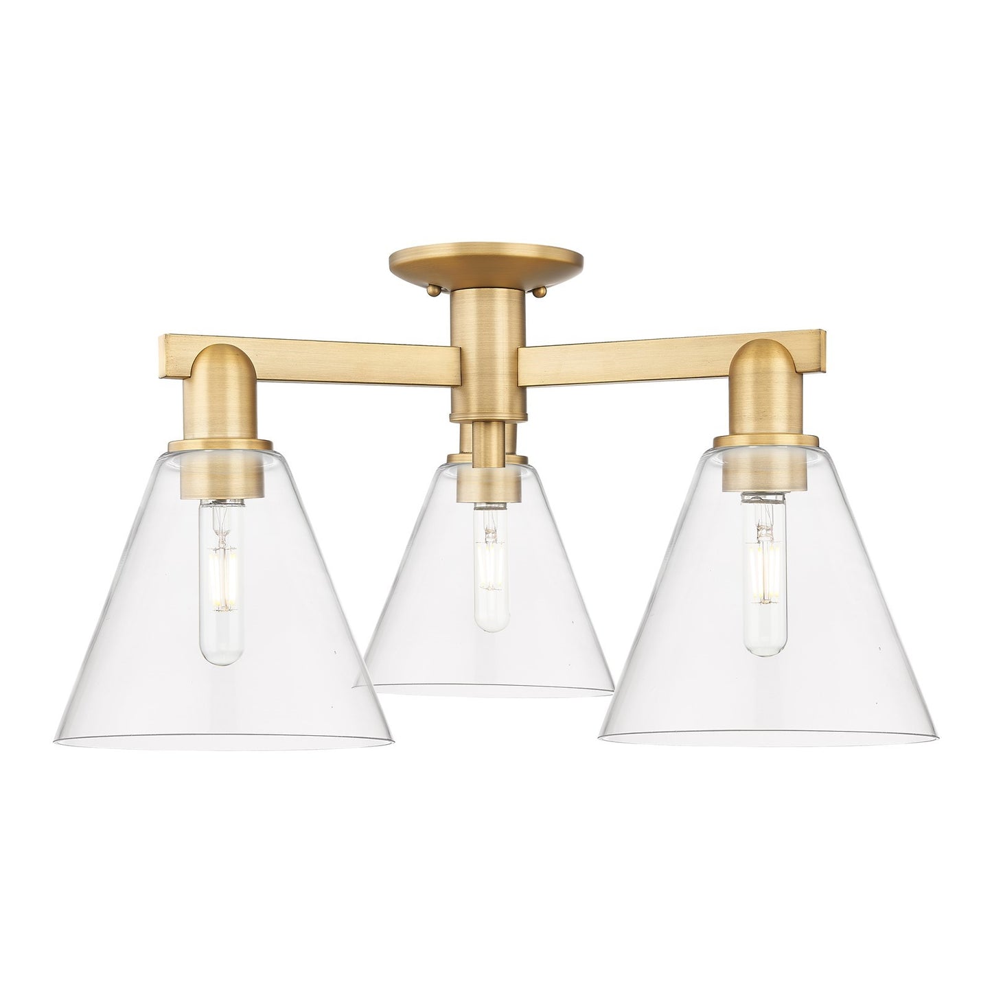 Innovations Berkshire Glass 26in 3-Light Semi-Flush Mount | Industrial Brushed Brass Steel and Clear Glass | Living Room & | Model 716-3F-BB-GBC-82