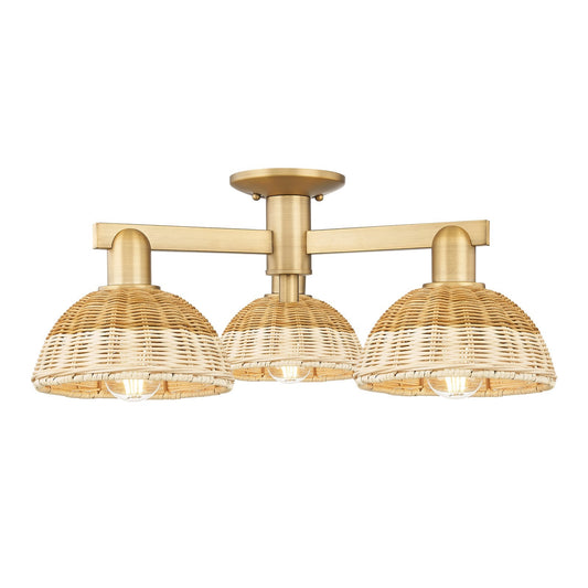 Innovations Natural Ballston Dome 25in 3-Light Semi-Flush Mount | Farmhouse Brushed Brass and Natural Fiber Basketweave | Model 716-3F-BB-NBD2-75-NAT