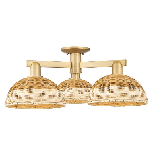 Innovations Lighting Bristol Natural II 27in 3-Light Semi-Flush Mount | Industrial Brushed Brass Steel and Natural Fiber Dome | Model 716-3F-BB-NBD2-9-NAT