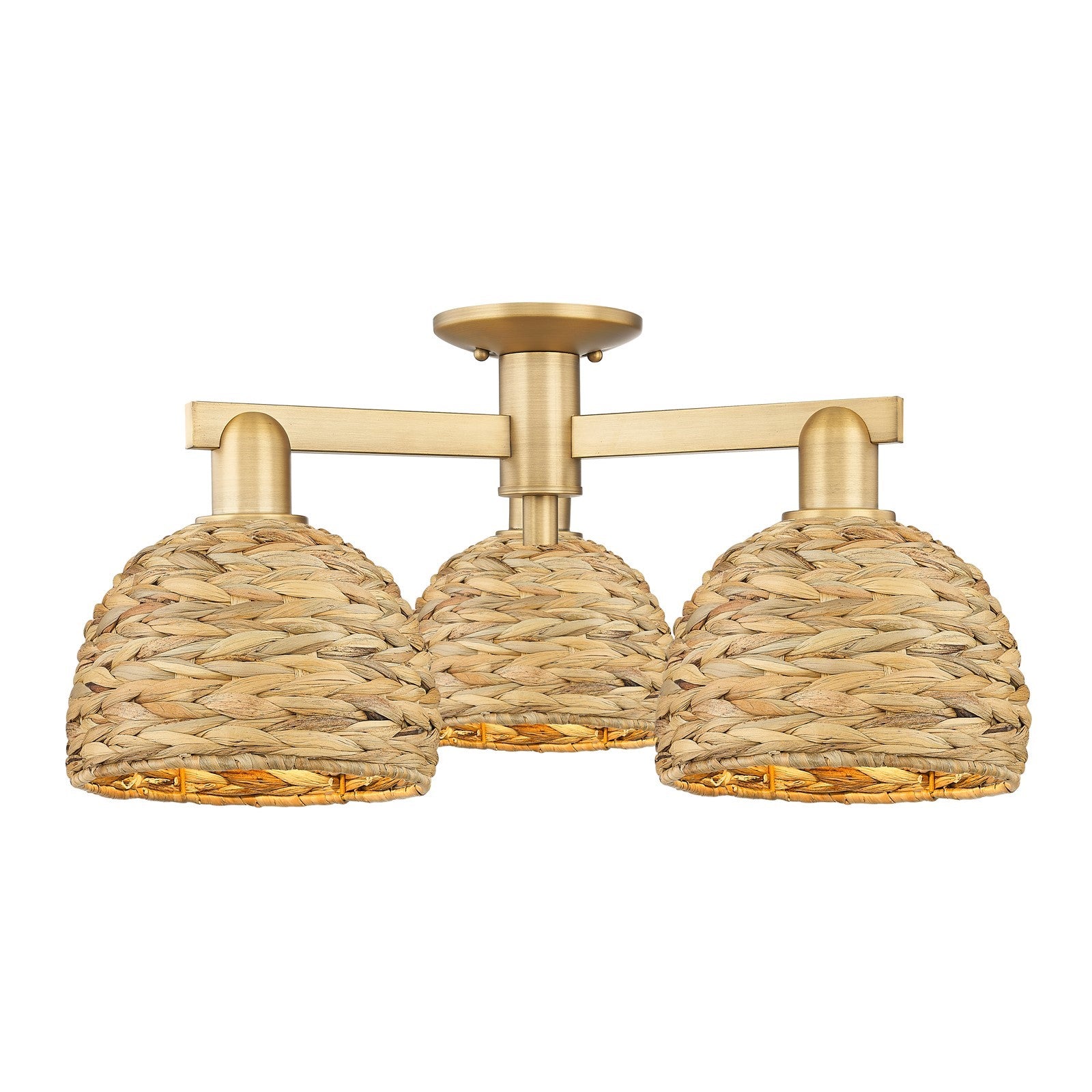 Innovations Woven Rattan 26in 3-Light Semi-Flush Mount | Industrial Brushed Brass and Natural Fiber Dome Shade | Kitchen & | Model 716-3F-BB-RBD-8-NAT