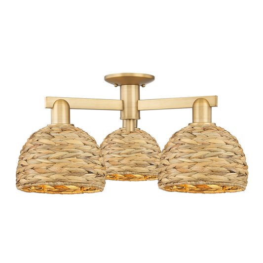 Innovations Woven Rattan 26in 3-Light Semi-Flush Mount | Industrial Brushed Brass and Natural Fiber Dome Shade | Kitchen & | Model 716-3F-BB-RBD-8-NAT