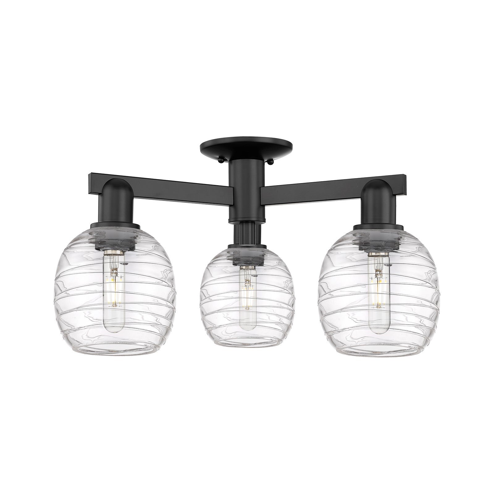 Innovations Belfast 24in 3-Light Semi-Flush Mount | Industrial Matte Black Steel and Deco Swirl Clear Glass | Entryway & Hallway | Model 716-3F-BK-G1013
