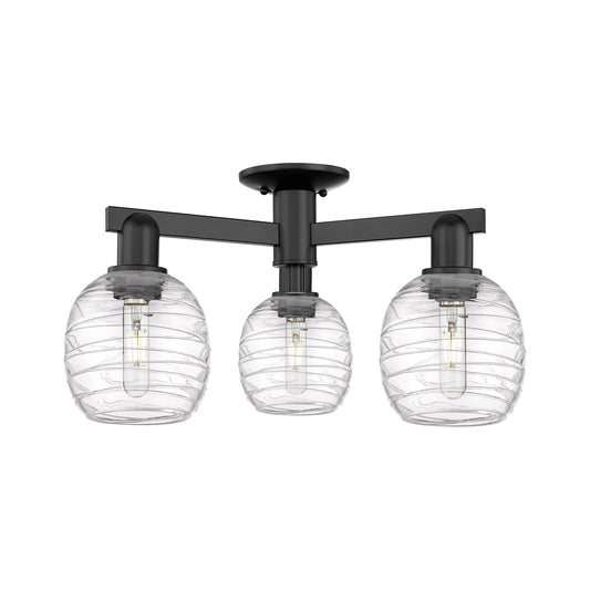 Innovations Belfast 24in 3-Light Semi-Flush Mount | Industrial Matte Black Steel and Deco Swirl Clear Glass | Entryway & Hallway | Model 716-3F-BK-G1013