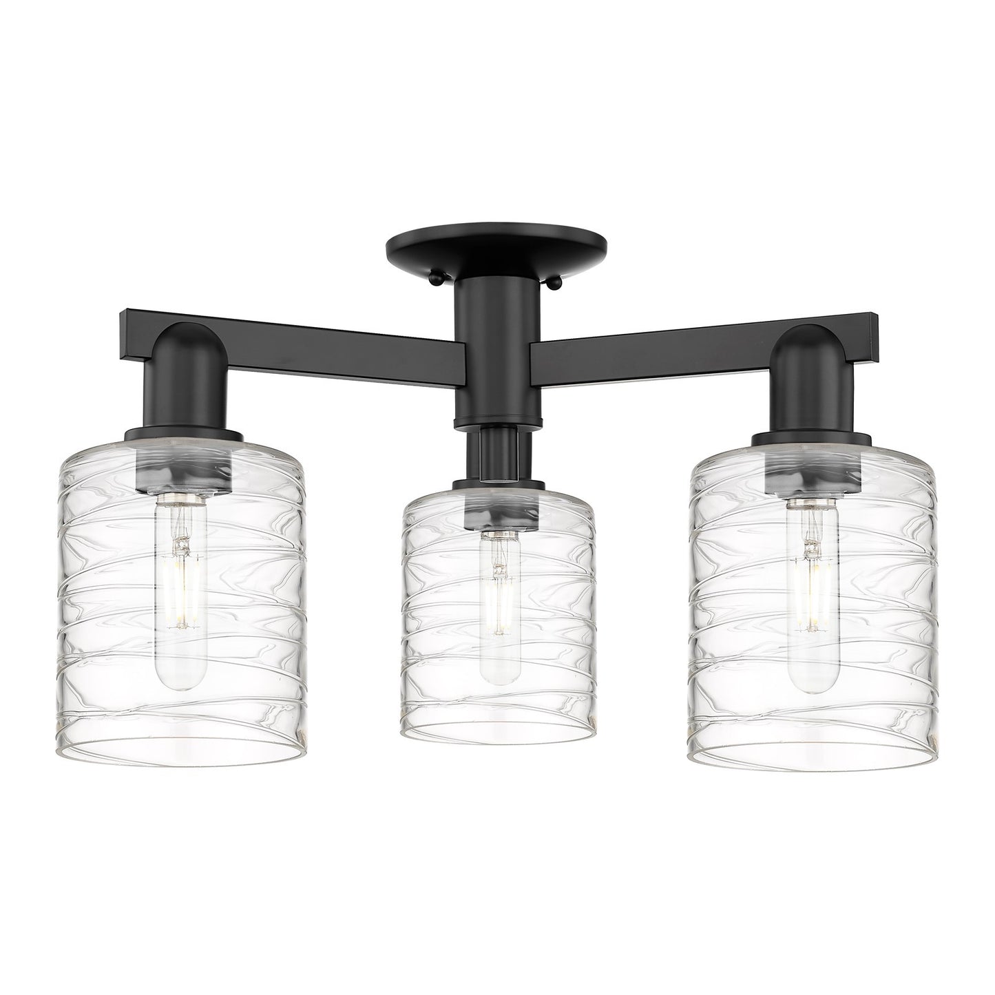 Innovations Cobbleskill 23in 3-Light Semi-Flush Mount | Industrial Matte Black Steel and Deco Swirl Clear Glass | Living Room & | Model 716-3F-BK-G1113