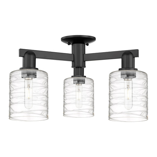 Innovations Cobbleskill 23in 3-Light Semi-Flush Mount | Industrial Matte Black Steel and Deco Swirl Clear Glass | Living Room & | Model 716-3F-BK-G1113