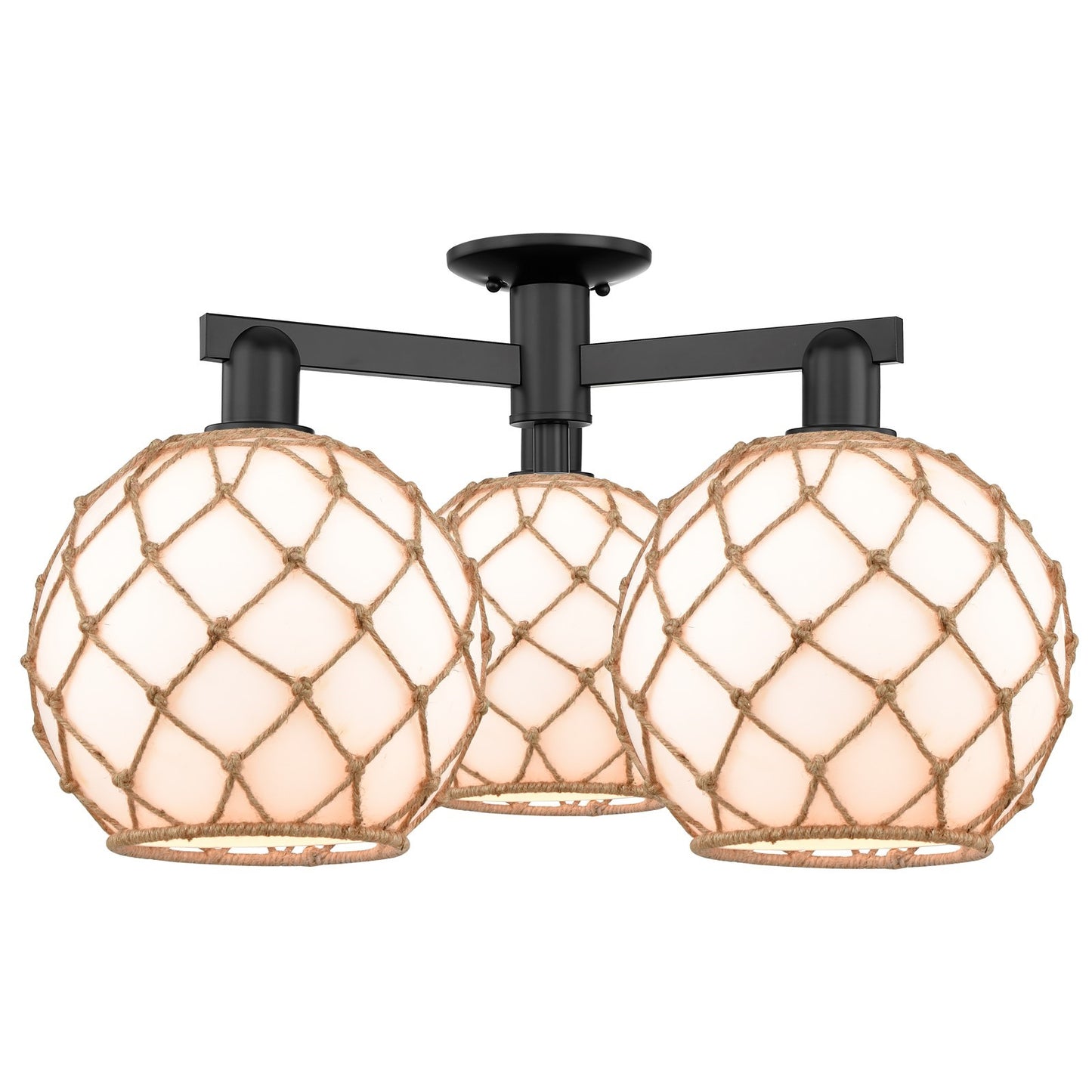 Innovations Farmhouse Rope 28in 3-Light Semi-Flush Mount | Industrial Matte Black Steel and Matte White Glass with Brown Rope | Model 716-3F-BK-G121-10RB