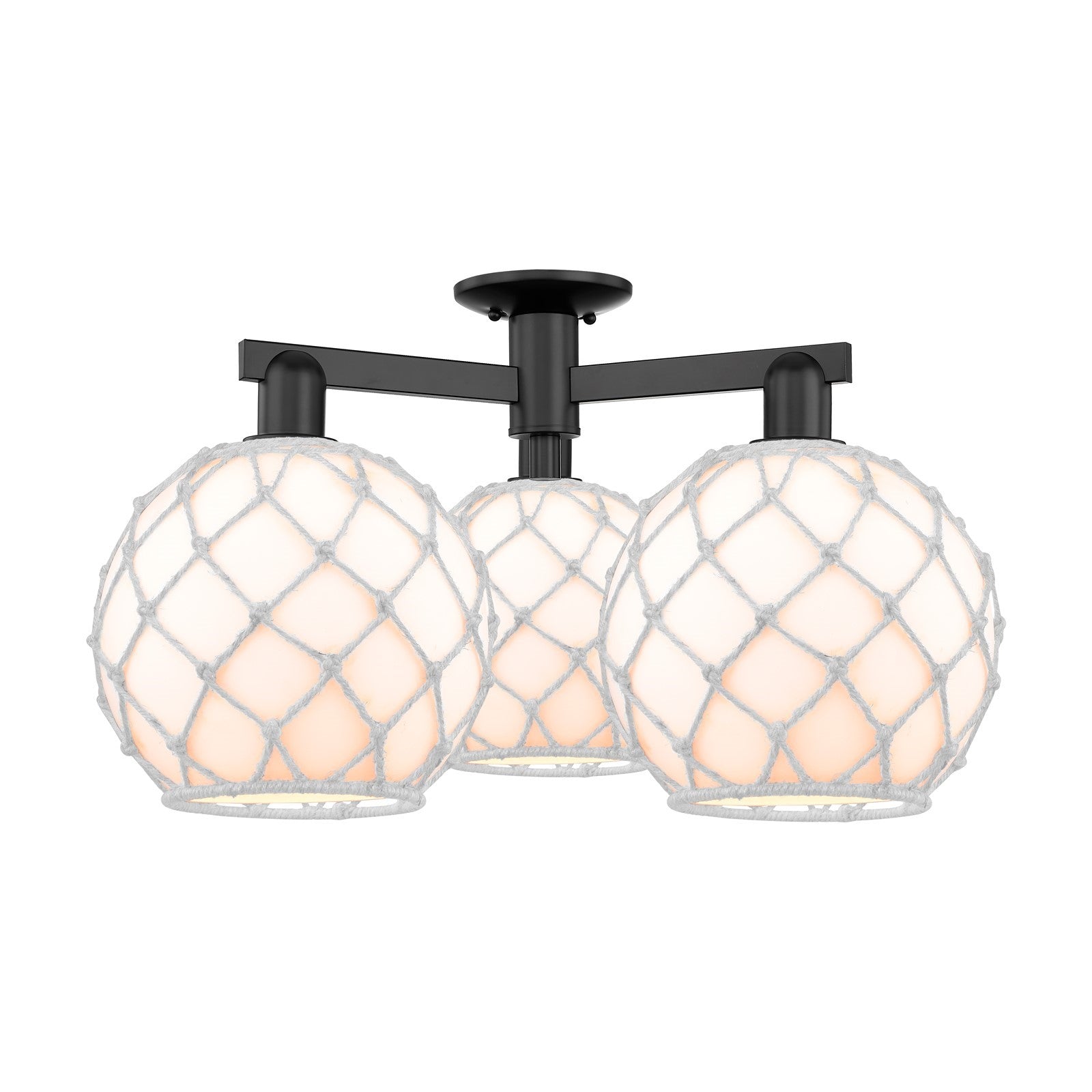 Innovations Farmhouse Rope 28in 3-Light Semi-Flush Mount | Industrial Matte Black Steel and White Glass with White Rope Shade | Model 716-3F-BK-G121-10RW