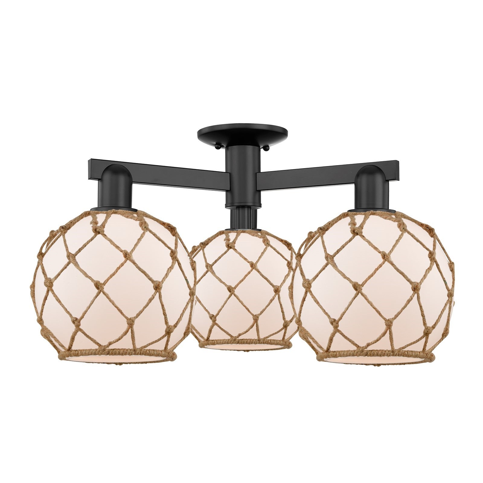 Innovations Farmhouse Rope 26in 3-Light Semi-Flush Mount | Industrial Matte Black Steel and White Frosted Glass with Brown Rope | Model 716-3F-BK-G121-8RB