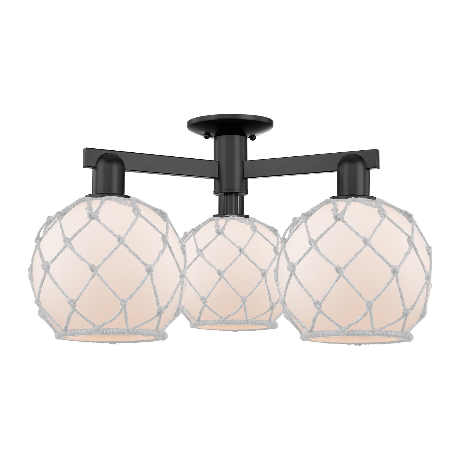 Innovations Farmhouse Rope 26in 3-Light Semi-Flush Mount | Industrial Matte Black Steel and White Frosted Glass with White Rope | Model 716-3F-BK-G121-8RW