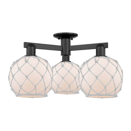 Innovations Farmhouse Rope 26in 3-Light Semi-Flush Mount | Industrial Matte Black Steel and White Frosted Glass with White Rope | Model 716-3F-BK-G121-8RW