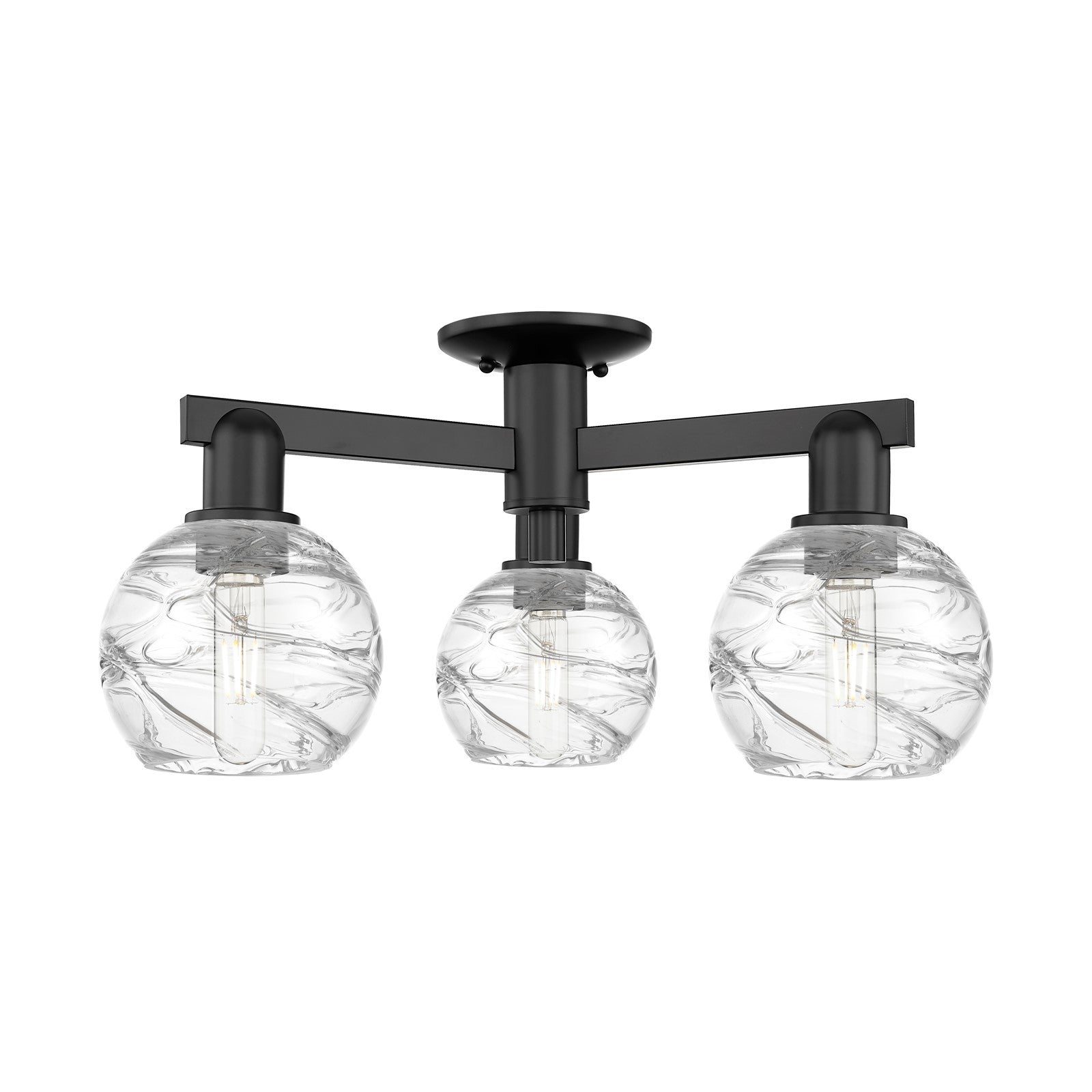 Innovations Athens Deco Swirl 23.38in 3-Light Semi-Flush Mount | Industrial Matte Black Steel and Clear Deco Swirl Glass | Model 716-3F-BK-G1213-6CL