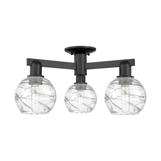 Innovations Athens Deco Swirl 23.38in 3-Light Semi-Flush Mount | Industrial Matte Black Steel and Clear Deco Swirl Glass | Model 716-3F-BK-G1213-6CL
