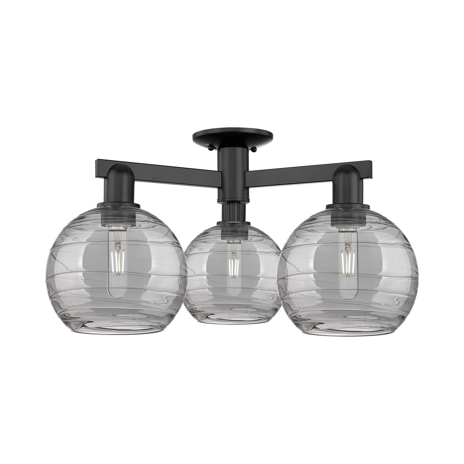 Innovations Athens Deco Swirl 26in 3-Light Semi-Flush Mount | Industrial Matte Black Steel and Cast Brass with Light Smoke | Model 716-3F-BK-G1213-8SM