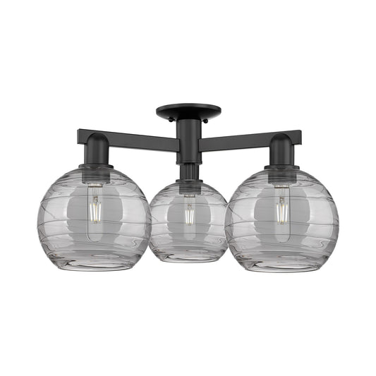 Innovations Athens Deco Swirl 26in 3-Light Semi-Flush Mount | Industrial Matte Black Steel and Cast Brass with Light Smoke | Model 716-3F-BK-G1213-8SM