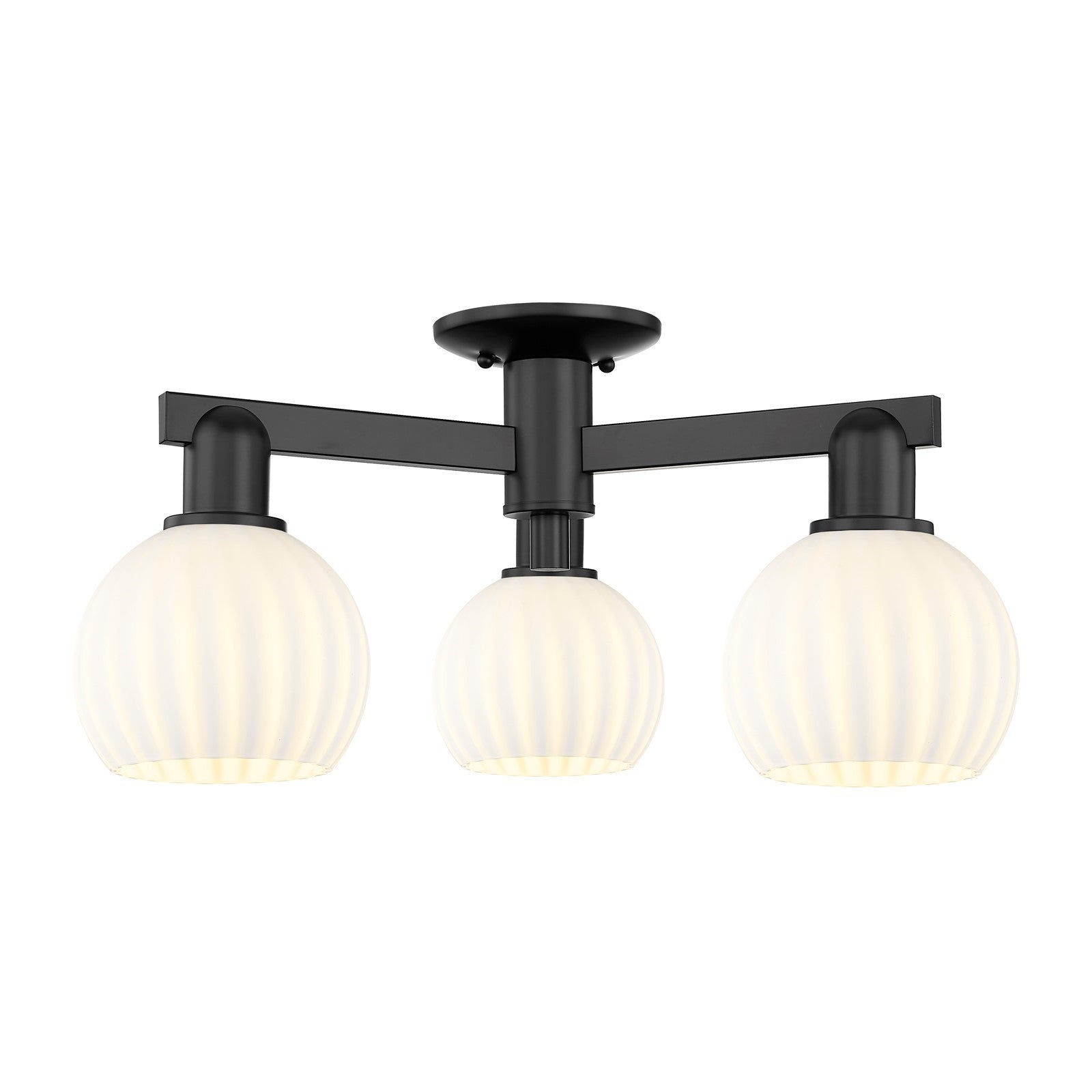 Innovations Lighting White Venetian 24in 3-Light Semi-Flush Mount | Industrial Matte Black Steel and White Venetian Glass | Model 716-3F-BK-G1217-6WV