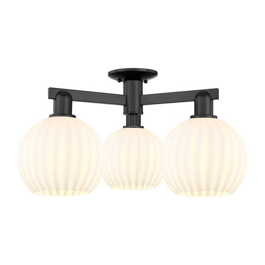 Innovations Lighting White Venetian 26in 3-Light Semi-Flush | Industrial Matte Black and White Venetian Glass | Entryway & | Model 716-3F-BK-G1217-8WV