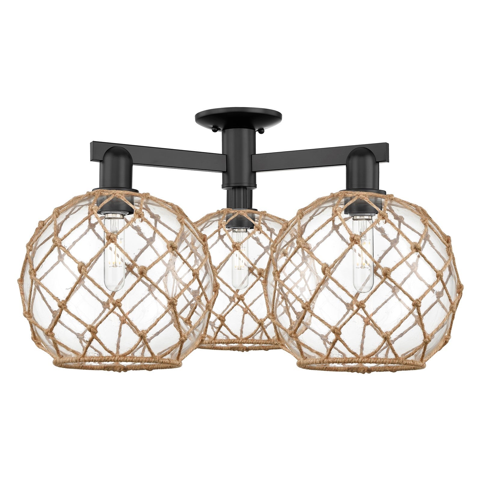 Innovations Farmhouse Rope 28in 3-Light Semi-Flush Mount | Industrial Matte Black Steel and Clear Glass with Brown Rope | Model 716-3F-BK-G122-10RB