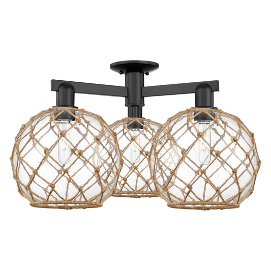 Innovations Farmhouse Rope 28in 3-Light Semi-Flush Mount | Industrial Matte Black Steel and Clear Glass with Brown Rope | Model 716-3F-BK-G122-10RB