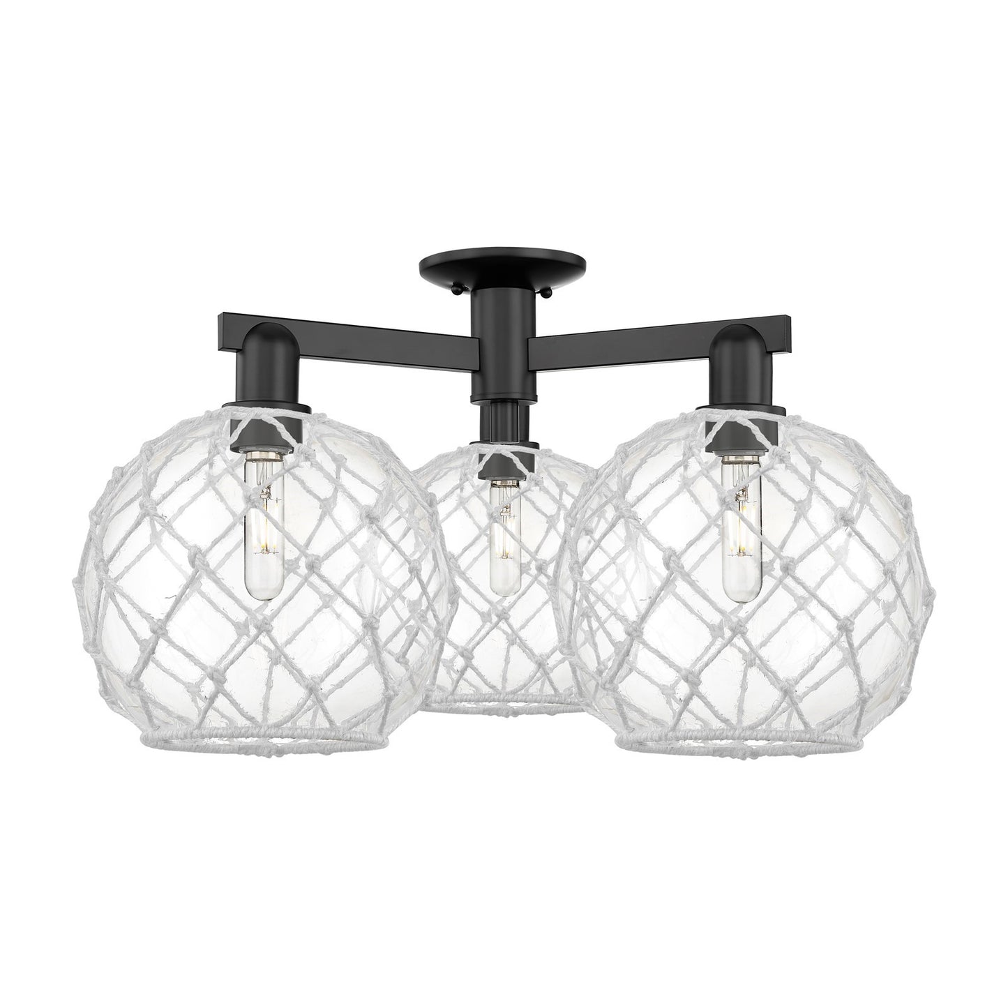 Innovations Farmhouse Rope 28in 3-Light Semi-Flush Mount | Industrial Matte Black Steel and Clear Glass with White Rope | Model 716-3F-BK-G122-10RW