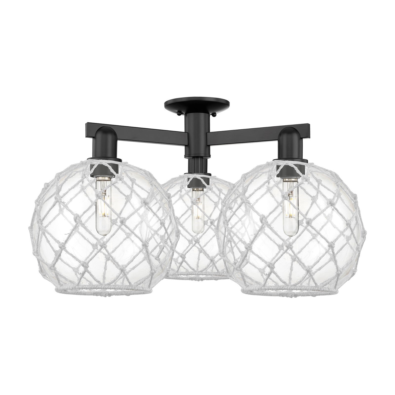 Innovations Farmhouse Rope 28in 3-Light Semi-Flush Mount | Industrial Matte Black Steel and Clear Glass with White Rope | Model 716-3F-BK-G122-10RW