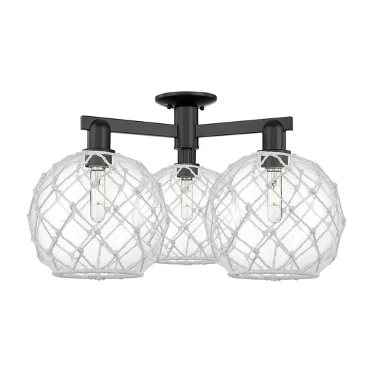 Innovations Farmhouse Rope 28in 3-Light Semi-Flush Mount | Industrial Matte Black Steel and Clear Glass with White Rope | Model 716-3F-BK-G122-10RW