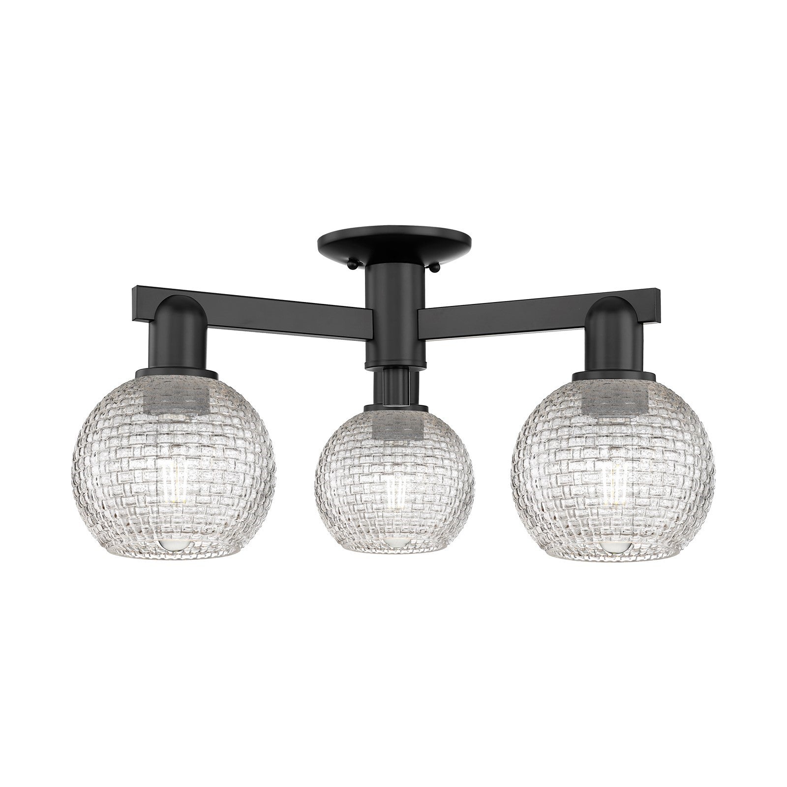 Innovations Athens 23in 3-Light Semi-Flush Mount | Industrial Matte Black Steel and Clear Basket Weave Glass | Entryway & | Model 716-3F-BK-G122C-6CL