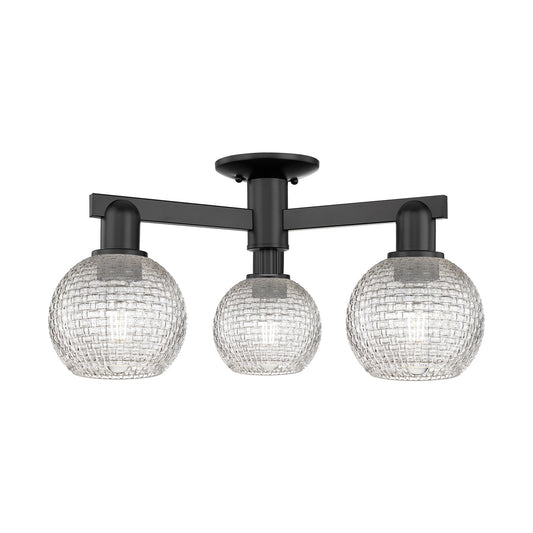 Innovations Athens 23in 3-Light Semi-Flush Mount | Industrial Matte Black Steel and Clear Basket Weave Glass | Entryway & | Model 716-3F-BK-G122C-6CL
