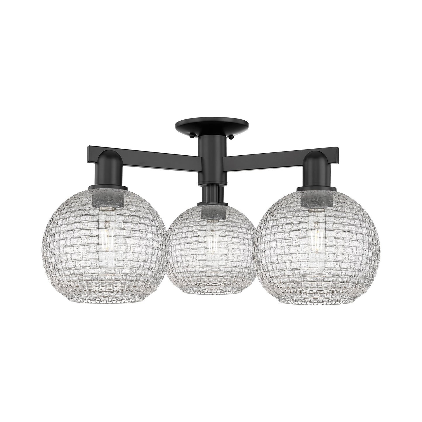 Innovations Athens 26in 3-Light Semi-Flush Mount | Industrial Matte Black Steel and Clear Basket Weave Glass | Entryway & | Model 716-3F-BK-G122C-8CL