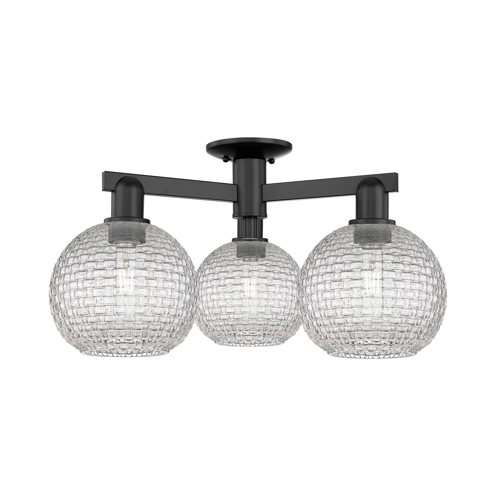 Innovations Athens 26in 3-Light Semi-Flush Mount | Industrial Matte Black Steel and Clear Basket Weave Glass | Entryway & | Model 716-3F-BK-G122C-8CL
