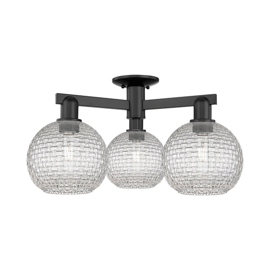 Innovations Athens 26in 3-Light Semi-Flush Mount | Industrial Matte Black Steel and Clear Basket Weave Glass | Entryway & | Model 716-3F-BK-G122C-8CL