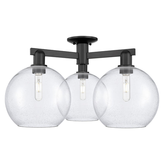 Innovations Athens 28in 3-Light Semi-Flush Mount | Industrial Matte Black Steel and Seedy Glass | Living Room & Entryway | 27.5 | Model 716-3F-BK-G124-10