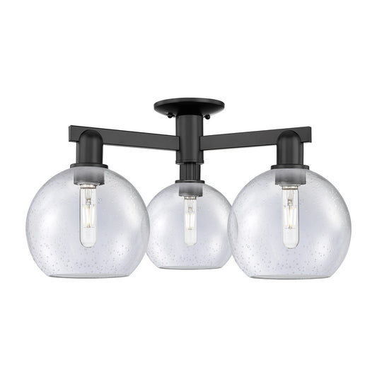 Innovations Athens 26in 3-Light Semi-Flush Mount | Industrial Matte Black Steel and Seedy Glass | Damp-Rated Entryway & Hallway | Model 716-3F-BK-G124-8