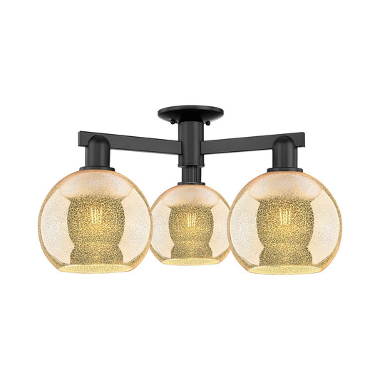 Innovations Athens 26in 3-Light Semi-Flush Mount | Industrial Matte Black Steel and Mercury Glass | Living Room & Dining Room | Model 716-3F-BK-G128-8