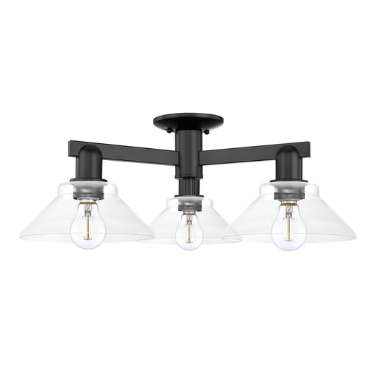 Innovations Orwell 26in 3-Light Semi-Flush Mount | Industrial Matte Black Steel and Clear Glass | Entryway & Hallway | 25.88 x | Model 716-3F-BK-G132