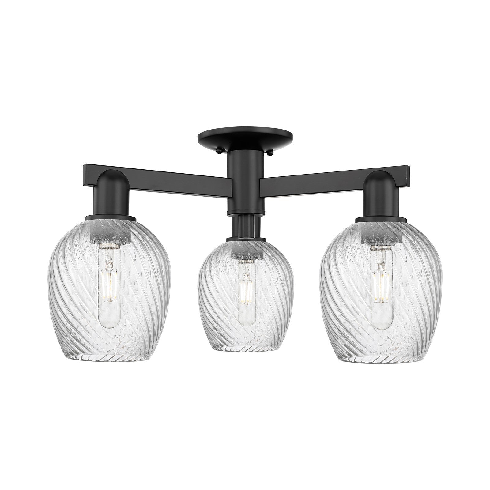 Innovations Salina 23in 3-Light Semi-Flush Mount | Industrial Matte Black Steel and Clear Spiral Fluted Glass | Damp-Rated Entryway | Model 716-3F-BK-G292