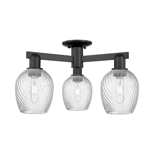 Innovations Salina 23in 3-Light Semi-Flush Mount | Industrial Matte Black Steel and Clear Spiral Fluted Glass | Damp-Rated Entryway | Model 716-3F-BK-G292