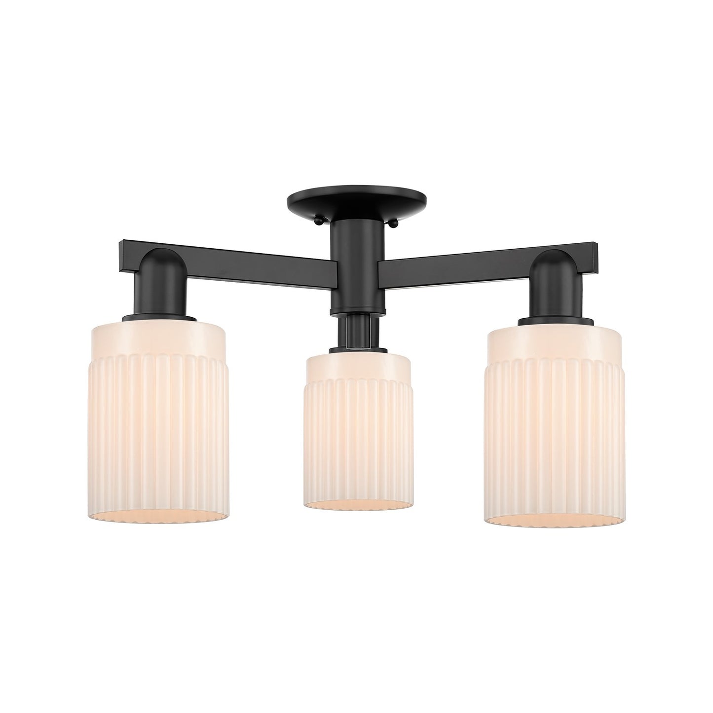 Innovations Hadley 22in 3-Light Semi-Flush Mount | Industrial Matte Black Steel and Matte White Ribbed Glass | Entryway & Hallway | Model 716-3F-BK-G341