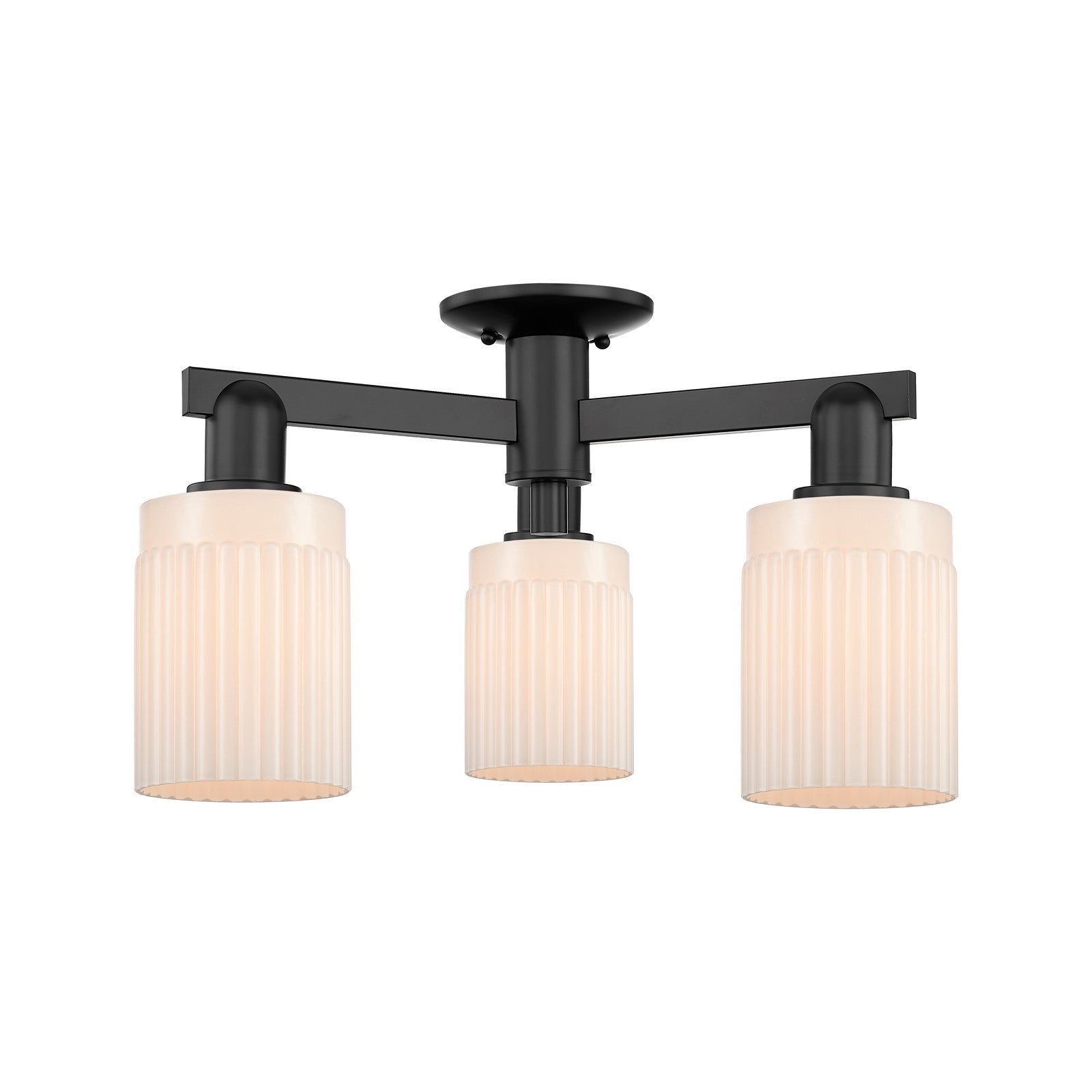 Innovations Hadley 22in 3-Light Semi-Flush Mount | Industrial Matte Black Steel and Matte White Ribbed Glass | Entryway & Hallway | Model 716-3F-BK-G341