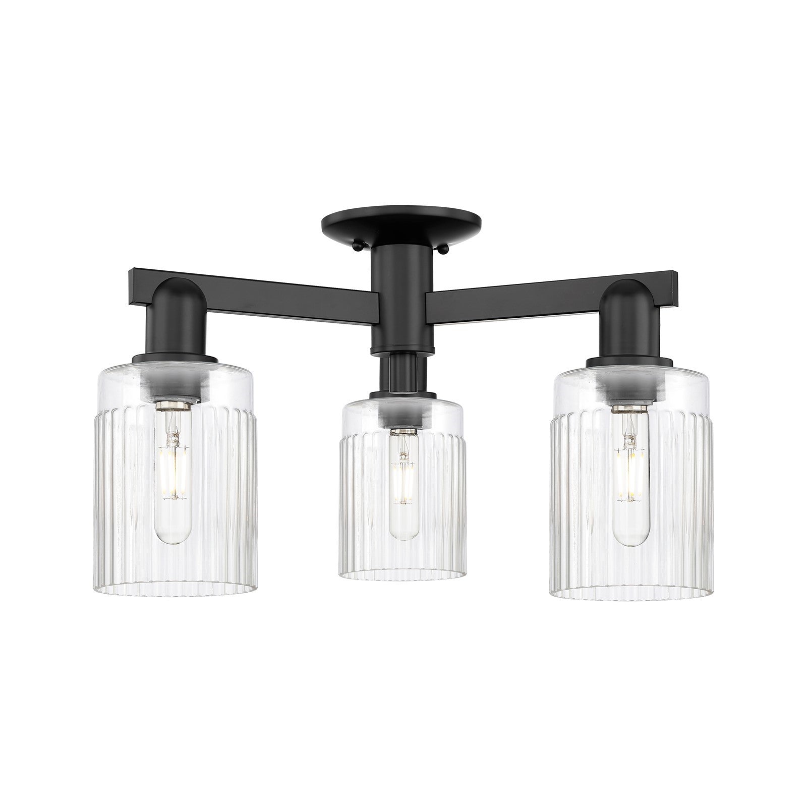 Innovations Hadley 22in 3-Light Semi-Flush Mount | Industrial Matte Black Steel and Clear Ribbed Glass | Entryway & Hallway | 22 x | Model 716-3F-BK-G342