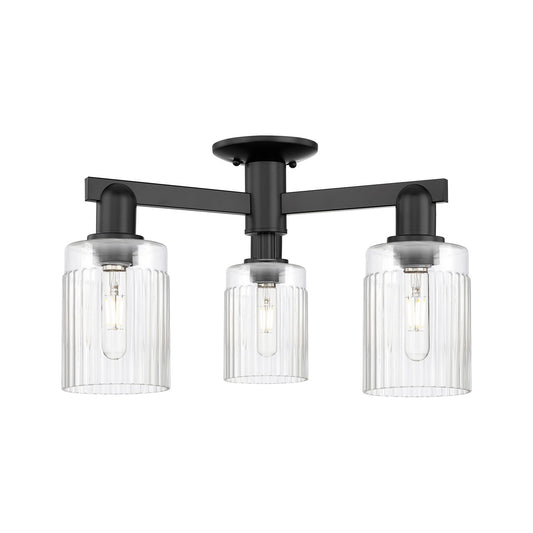 Innovations Hadley 22in 3-Light Semi-Flush Mount | Industrial Matte Black Steel and Clear Ribbed Glass | Entryway & Hallway | 22 x | Model 716-3F-BK-G342