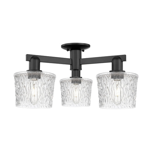 Innovations Niagara 24in 3-Light Semi-Flush Mount | Industrial Matte Black Steel and Clear Glass | Damp-Rated Living Room & | Model 716-3F-BK-G402